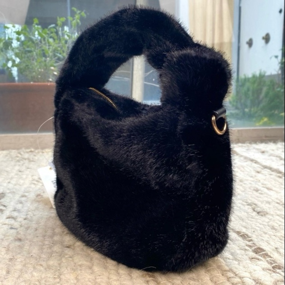 NWT Anthropologie Faux Fur Mini Hobo Bag in Black, Gold Hardware - Picture 4 of 10